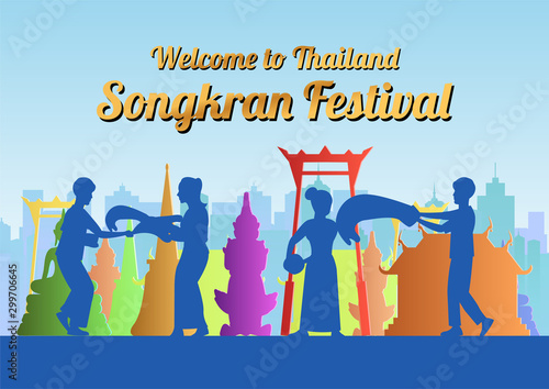 Songkran famous festival of Thailand Loas Myanmar and Cambodia,new year,silhouette design