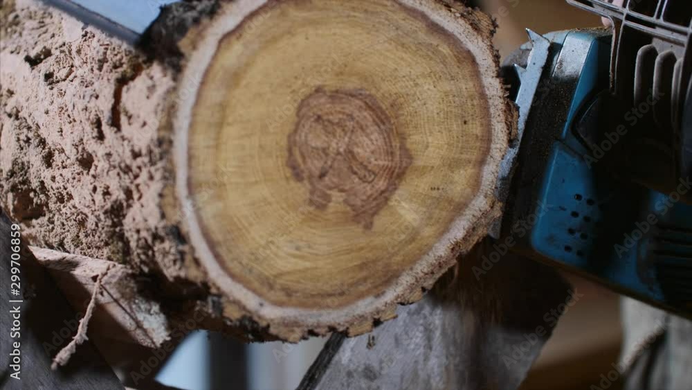 Man is sawing a wood with an electrical chainsaw at carpentry. A process of sawing, with wooden sawdust. Man is sawing a wood with an electrical chainsaw at carpentry. A process of sawing, with wooden sawdust.