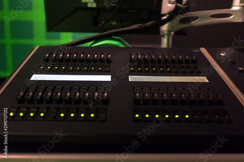 Professional audio mixing console with faders and adjusting knobs - radio / TV broadcasting - Image