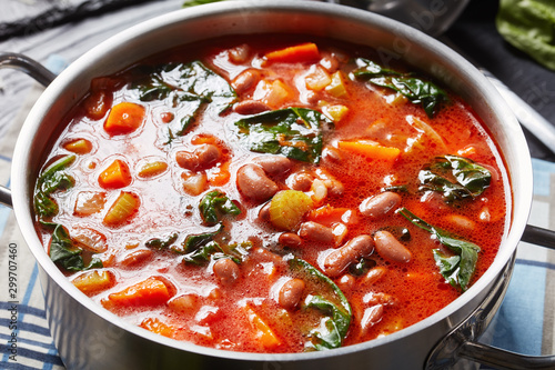 borlotti beans tomato spinach Soup, top view photo