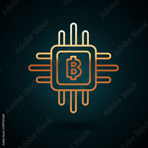 Gold line CPU mining farm icon isolated on dark blue background. Bitcoin sign inside processor. Cryptocurrency mining community. Digital money. Vector Illustration