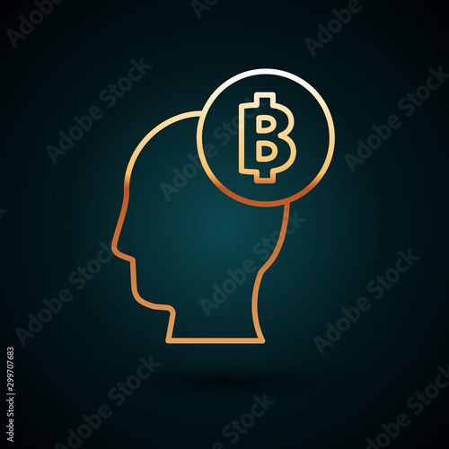 Gold line Bitcoin think icon isolated on dark blue background. Cryptocurrency head. Blockchain technology, digital money market, cryptocoin wallet. Vector Illustration