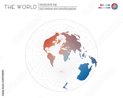 Abstract world map. Airy s minimum-error azimuthal projection of the world. Red Blue colored polygons. Neat vector illustration.