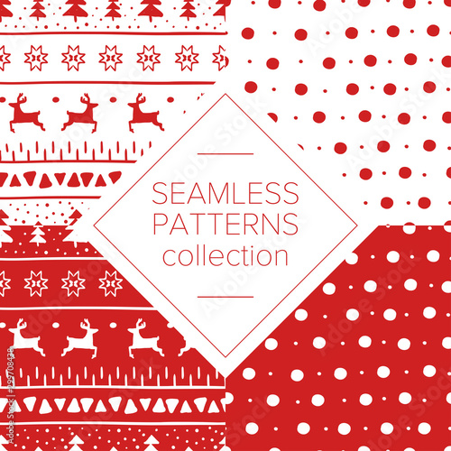 Simple Christmas pattern with reindeer, Christmas trees, stripes, triangles and Christmas stars. Pattern on winter pullover. Background for wrapping paper, wallpaper, cards and greetings