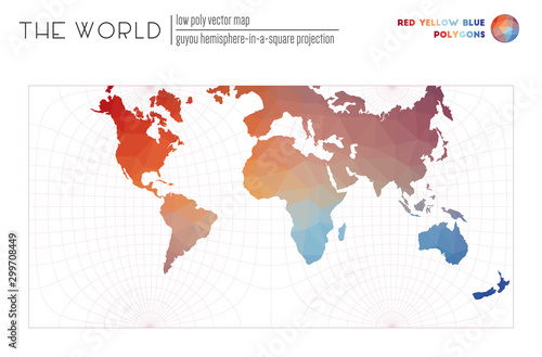 Low poly world map. Guyou hemisphere-in-a-square projection of the world. Red Yellow Blue colored polygons. Elegant vector illustration.
