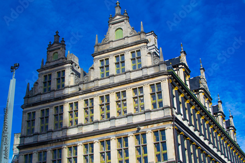 View of the facade of the Town Hall (Stadhuis) of Ghent, Belgium, from Botermarkt, one of the main streets
