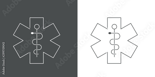 Logotipo lineal símbolo medicina con caduceo en gris y blanco