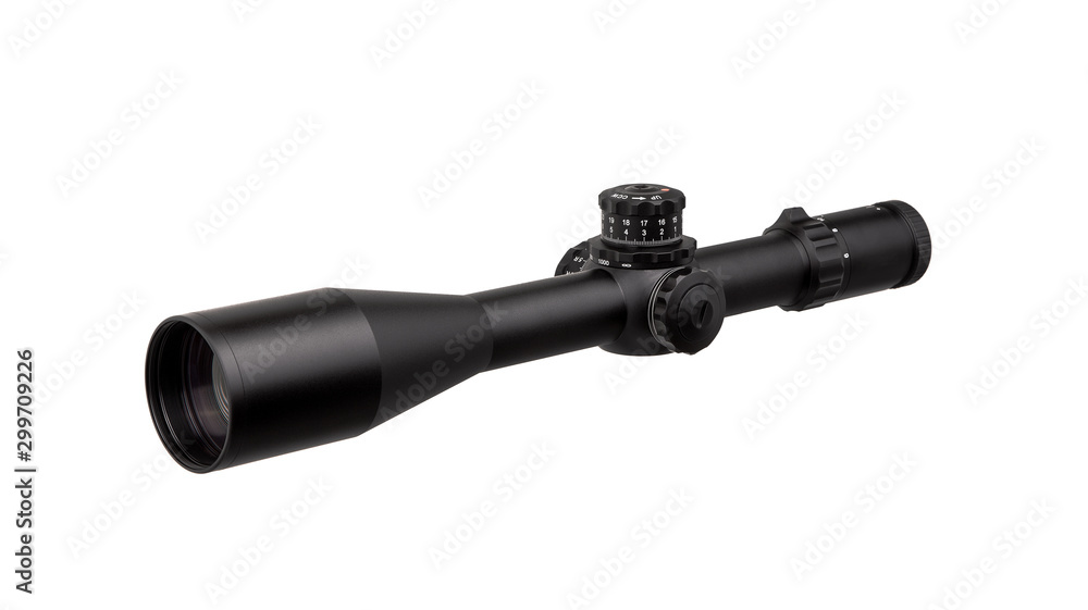 modern black optical scope for weapon isolated on whited. sight scope isolated on white back. modern black optical scope for weapon isolated on whited. sight scope isolated on white back.