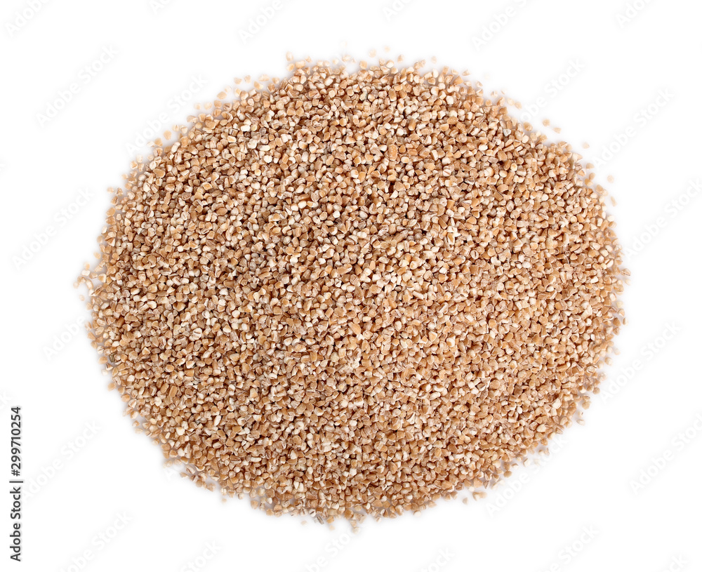Spelt groats. Isolated on white background. Directly Above. Spelt groats. Isolated on white background. Directly Above.