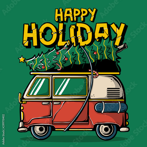 camper van illustration. combi van car with christmas tree, candy , star , lamp , and skateboard. Happy Holiday vector art