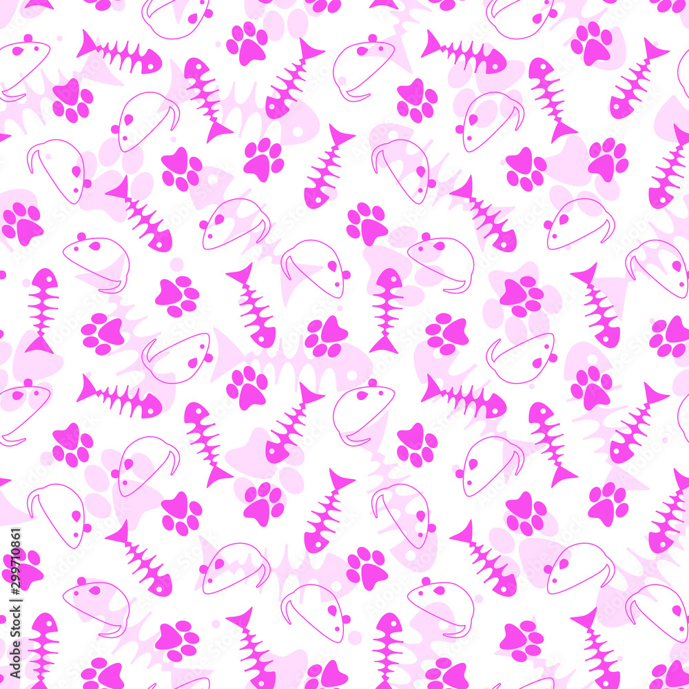 Vector seamless pattern with pink mice, cat paw prints and fish skeletons. Cute pets background for package, fabric, wallpaper, wrapping paper, labels, web design.