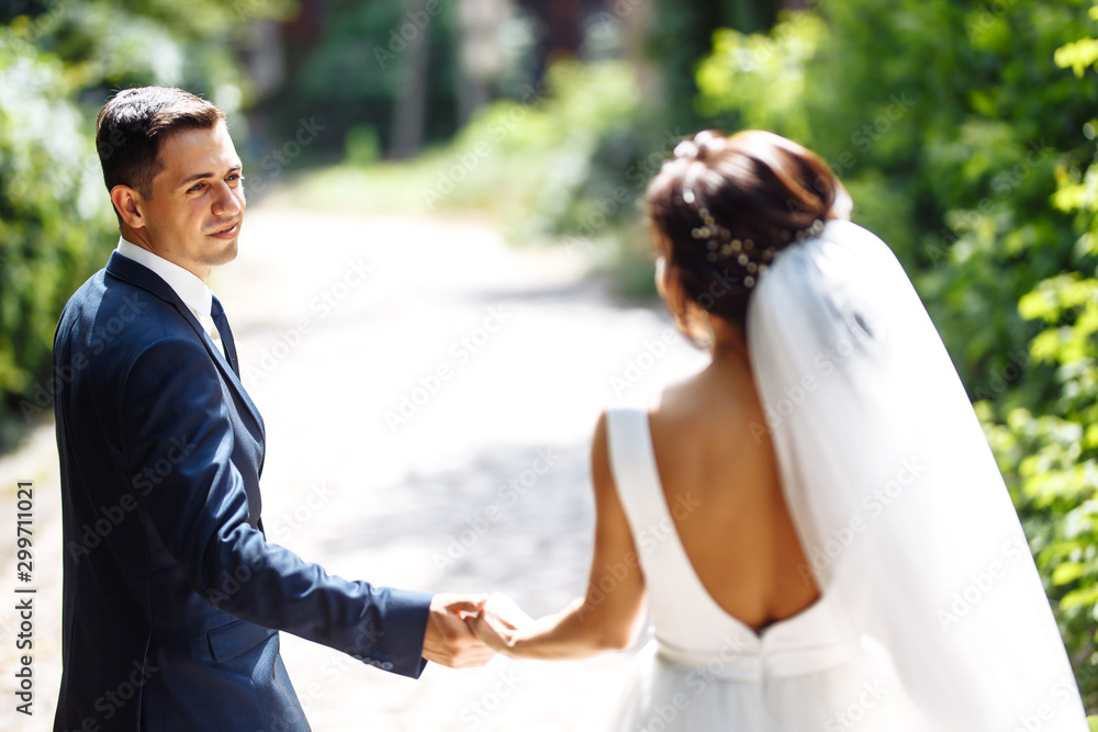 The bride and groom walk together in the park. Charming bride in a white dress, the groom is dressed in a dark elegant suit. Pretty bride and stylish groom. Wedding day. Marriage. The bride and groom walk together in the park. Charming bride in a white dress, the groom is dressed in a dark elegant suit. Pretty bride and stylish groom. Wedding day. Marriage.