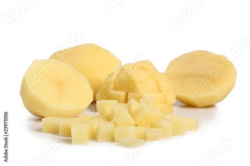 Raw diced peeled potatoes. Isolated with a white background.