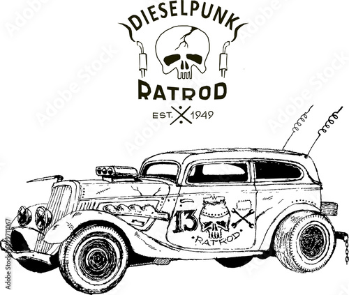 diesel punk hot rod coupe, isolated, vector arts, kustom kulture, post apocalypse zombie war