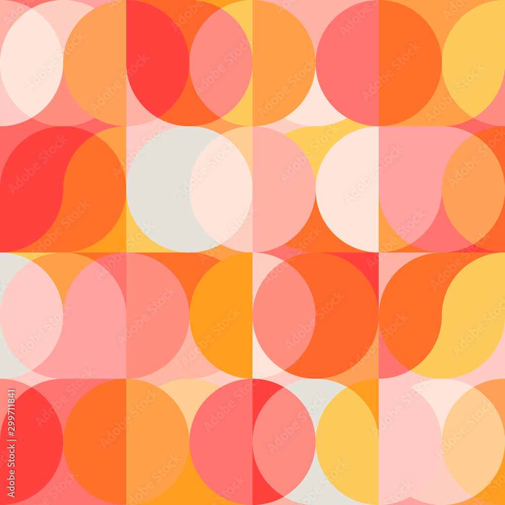 Geometric vector seamless pattern with circle shapes in pastel colors. Modern mosaic background in retro style.