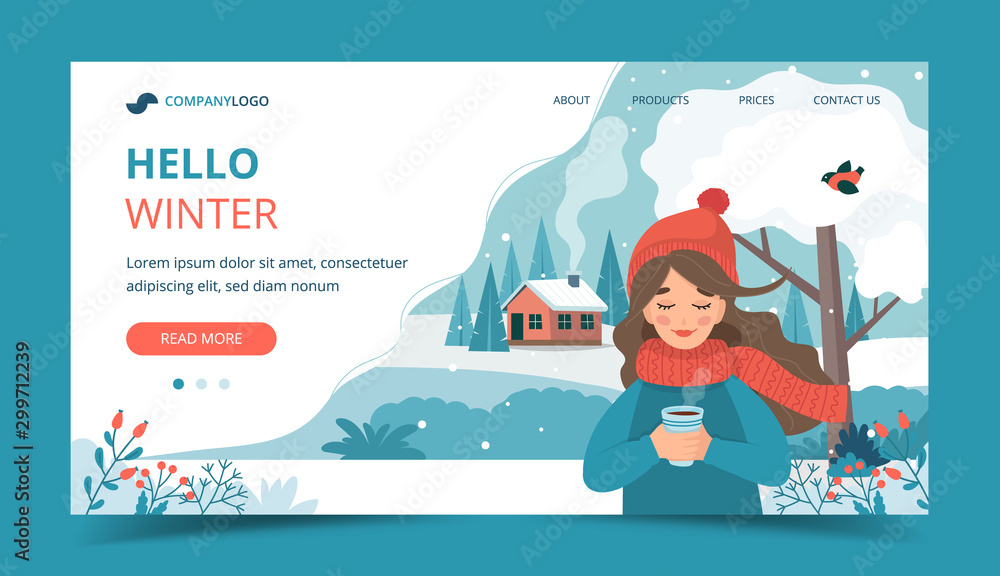 Naklejka premium Cute girl in winter holding a cup, winter landscape and snow. Landing page template. Vector illustration in flat style