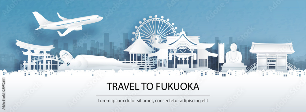 Travel advertising with travel to Fukuoka concept with panorama view city skyline and world famous landmarks of Japan in paper cut style vector illustration.