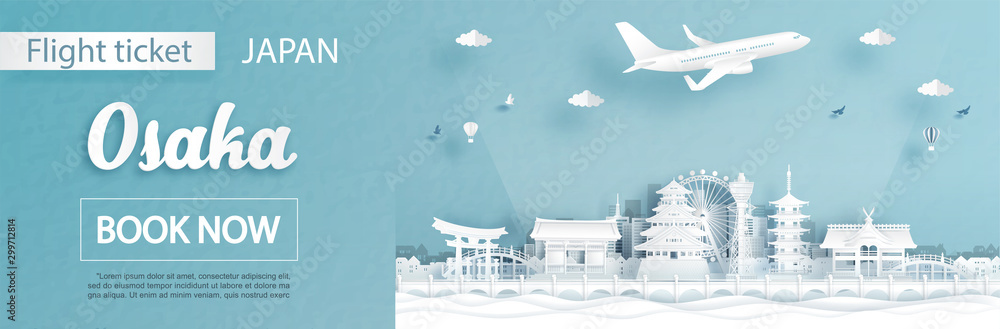 Naklejka premium Szablon reklamy lotu i biletu z koncepcją podróży do Osaki w Japonii i słynnymi zabytkami w ilustracji wektorowych stylu cięcia papieru