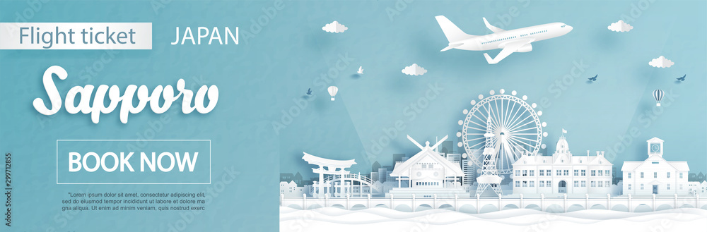 Fototapeta premium Flight and ticket advertising template with travel to Sapporo, Japan concept and famous landmarks in paper cut style vector illustration