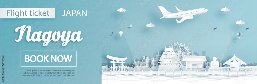 Flight and ticket advertising template with travel to Nagoya, Japan concept and famous landmarks in paper cut style vector illustration