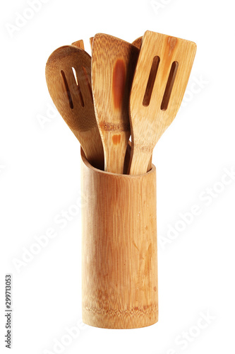Bamboo Kitchen Utensil Set with Holder. Isolated with clipping path.