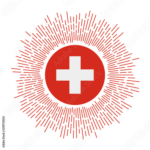 Switzerland sign. Country flag with colorful rays. Radiant sunburst with Switzerland flag. Vector illustration.