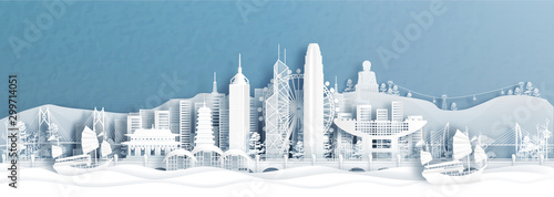 Panorama view of Hong Kong skyline with world famous landmarks of China in paper cut style vector illustration. photo