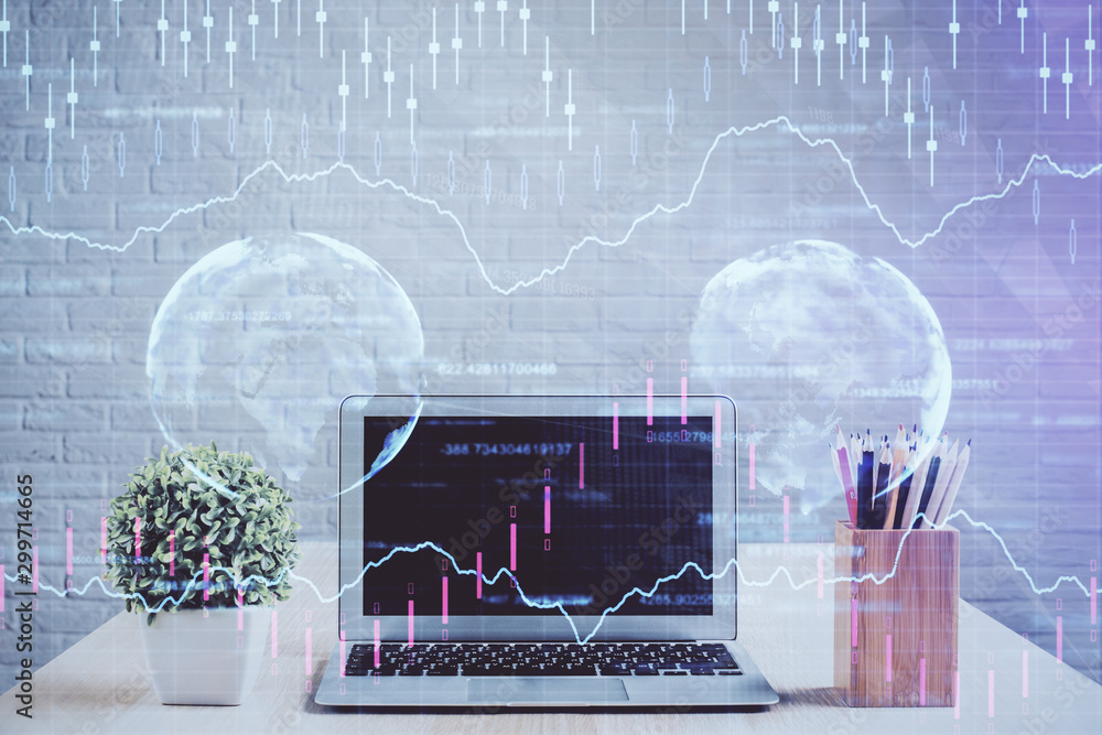 Double exposure of forex chart and work space with computer. Concept of international online trading. Double exposure of forex chart and work space with computer. Concept of international online trading.