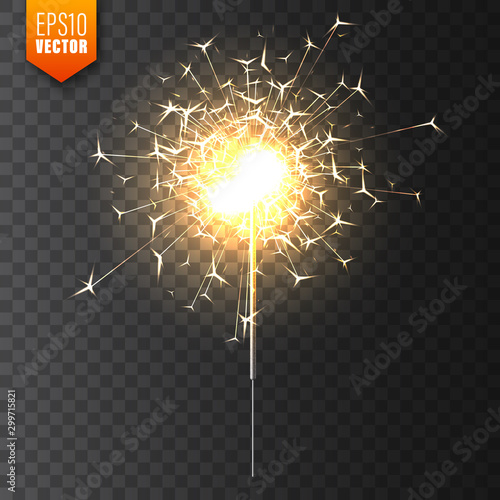 Realistic Christmas sparkler on transparent background. Bengal fire effect. Festive bright fireworks with sparks. New Year decoration. Burning sparkling candle. Vector illustration.