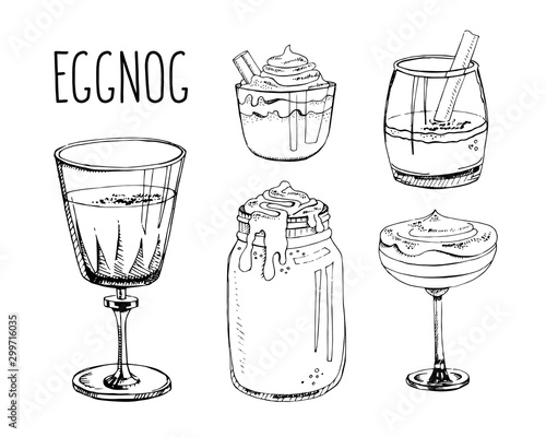 Set of hand drawn vector illustrations isolated on a white background. Eggnog. Traditional Christmas drinks, beverages, cocktails. Modern calligraphy. Clip art for winter holiday decorations