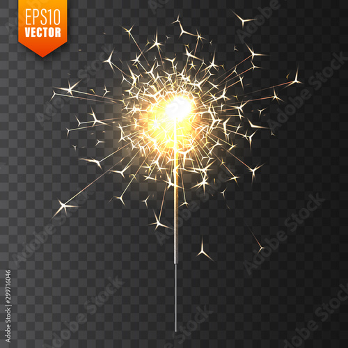 Realistic Christmas sparkler on transparent background. Bengal fire effect. Festive bright fireworks with sparks. New Year decoration. Burning sparkling candle. Vector illustration.