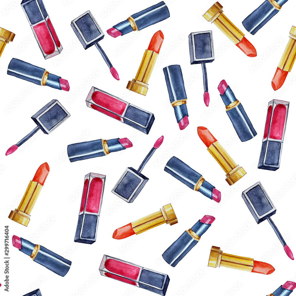 Seamless pattern with watercolor hand drawn lip glosses and lipsticks. Seamless pattern with watercolor hand drawn lip glosses and lipsticks.