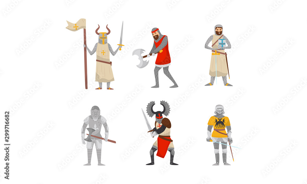 Obraz premium Set of medieval knights. Vector illustration on a white background.