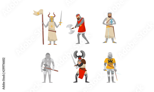 Set of medieval knights. Vector illustration on a white background.