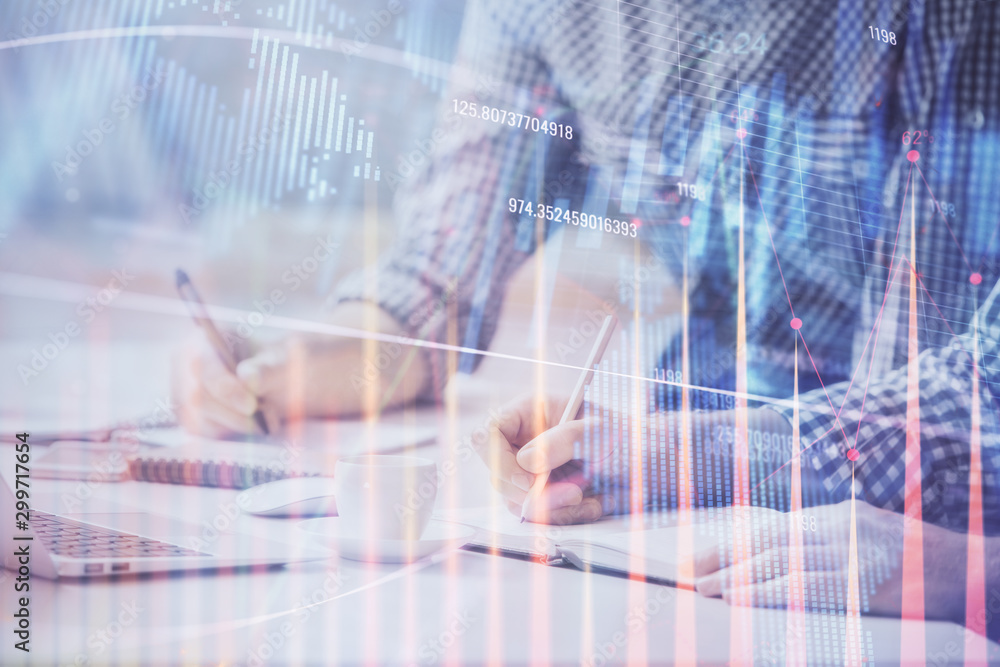 Multi exposure of forex chart with man working on computer on background. Concept of market analysis. Multi exposure of forex chart with man working on computer on background. Concept of market analysis.