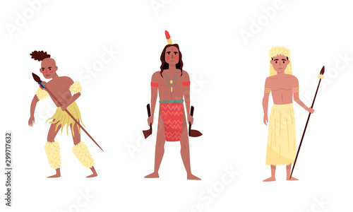 Men Indians in clothes of different tribes. Vector illustration on a white background.