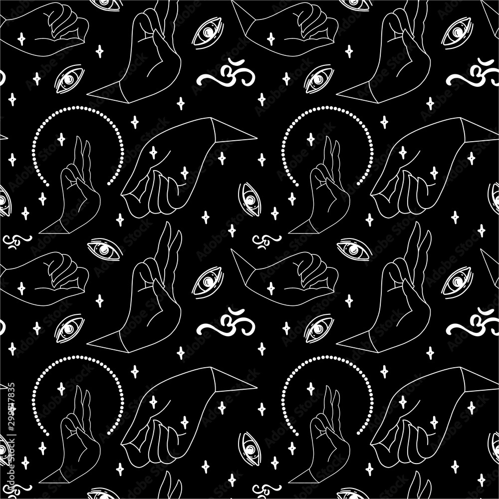 Naklejka premium Indian mudras and mystic seamless pattern