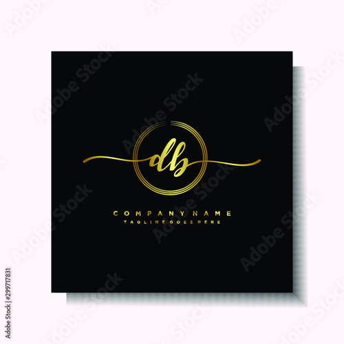 Initial DB Handwriting logo brush circle template is gold color. Handwriting logo minimalist Gold color luxury