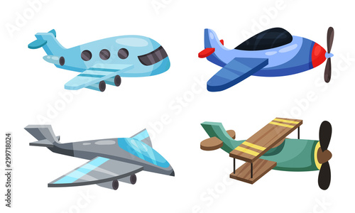 Set of airplanes in cartoon style. Vector illustration on a white background.