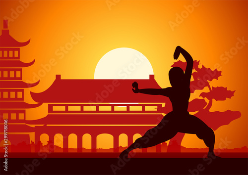 Chinese Boxing Kung Fu martial art famous sport,monk Train to fight,around with Chinese temple,sunset silhouette design
