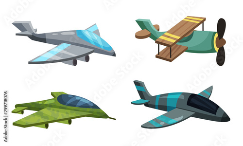 Set of colorful airplanes in cartoon style. Vector illustration on a white background. photo