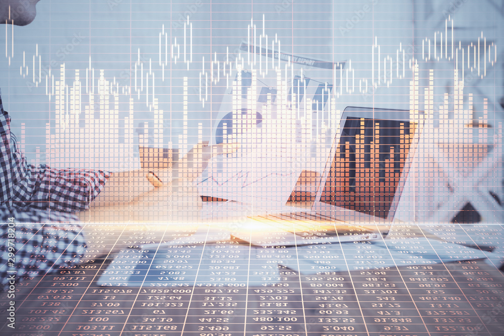 Multi exposure of financial graph with man works in office on background. Concept of analysis. Multi exposure of financial graph with man works in office on background. Concept of analysis.