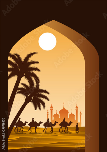 caravan Muslim ride camel to mosque