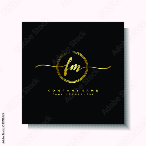 Initial FM Handwriting logo brush circle template is gold color. Handwriting logo minimalist Gold color luxury