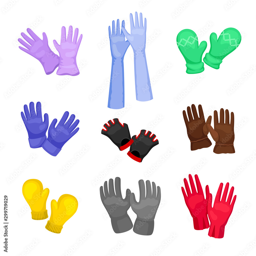 Fototapeta premium Set of multi colored mittens and gloves. Vector illustration on a white background.