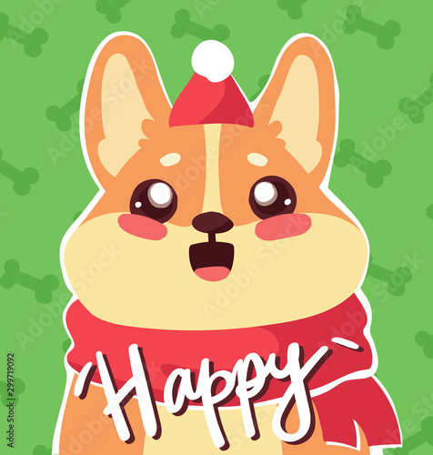 cute cartoon welsh corgi pembroke puppy dog with kawaii face in santa hat and scarf on green background with bones pattern vector illustration. hand drawn lettering quote - happy