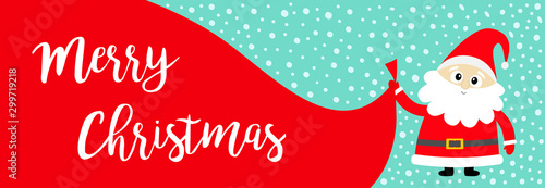 Merry Christmas banner. Santa Claus holding big carrying sack gift bag. Red hat, costume, beard, belt. Cute cartoon kawaii funny baby character. Happy New Year. Greeting. Blue snow background.