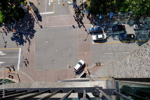 Top down view looking at a busy road junction from a multi storey hotel in Canada. photo