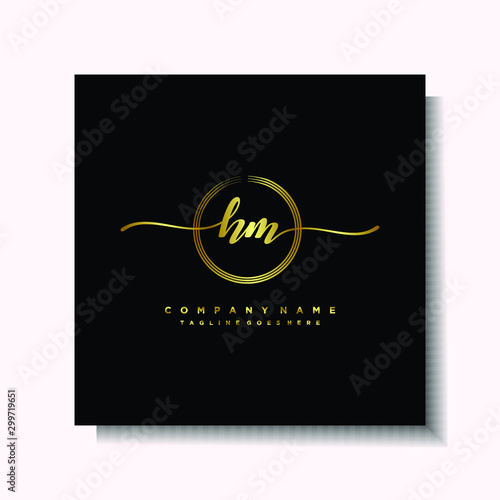 Initial HM Handwriting logo brush circle template is gold color. Handwriting logo minimalist Gold color luxury