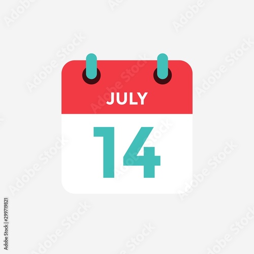 Flat icon calendar 14 of July. Date, day and month. Vector illustration.